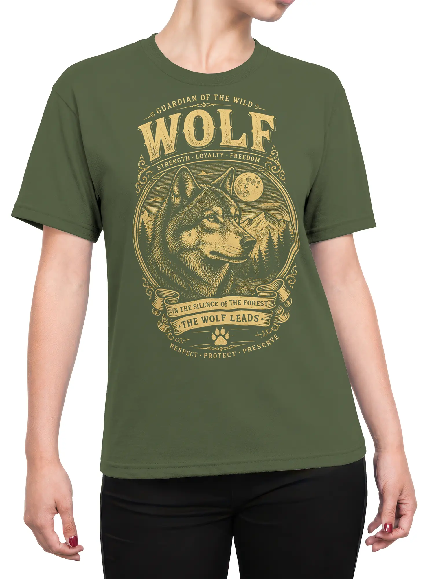 Female torso wearing a green wolf T-shirt with cream forest artwork and vintage guardian lettering