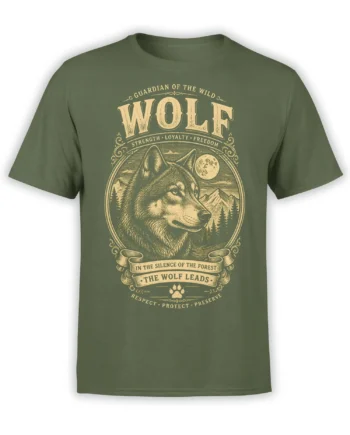 Green wolf T-shirt with cream guardian lettering, moonlit forest, mountains, and vintage outdoor artwork