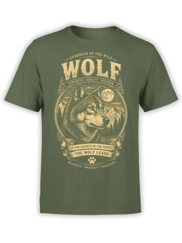 Green wolf T-shirt with cream guardian lettering, moonlit forest, mountains, and vintage outdoor artwork