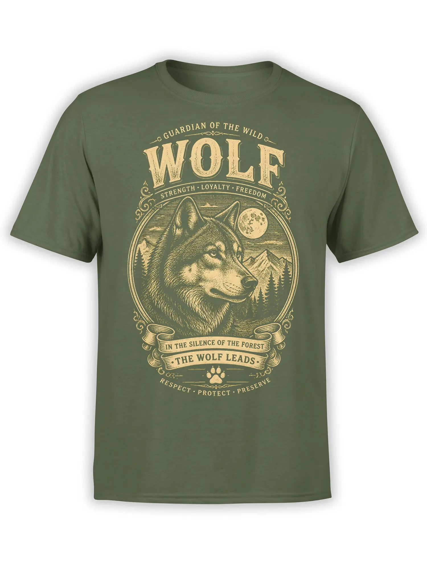 Green wolf T-shirt with cream guardian lettering, moonlit forest, mountains, and vintage outdoor artwork