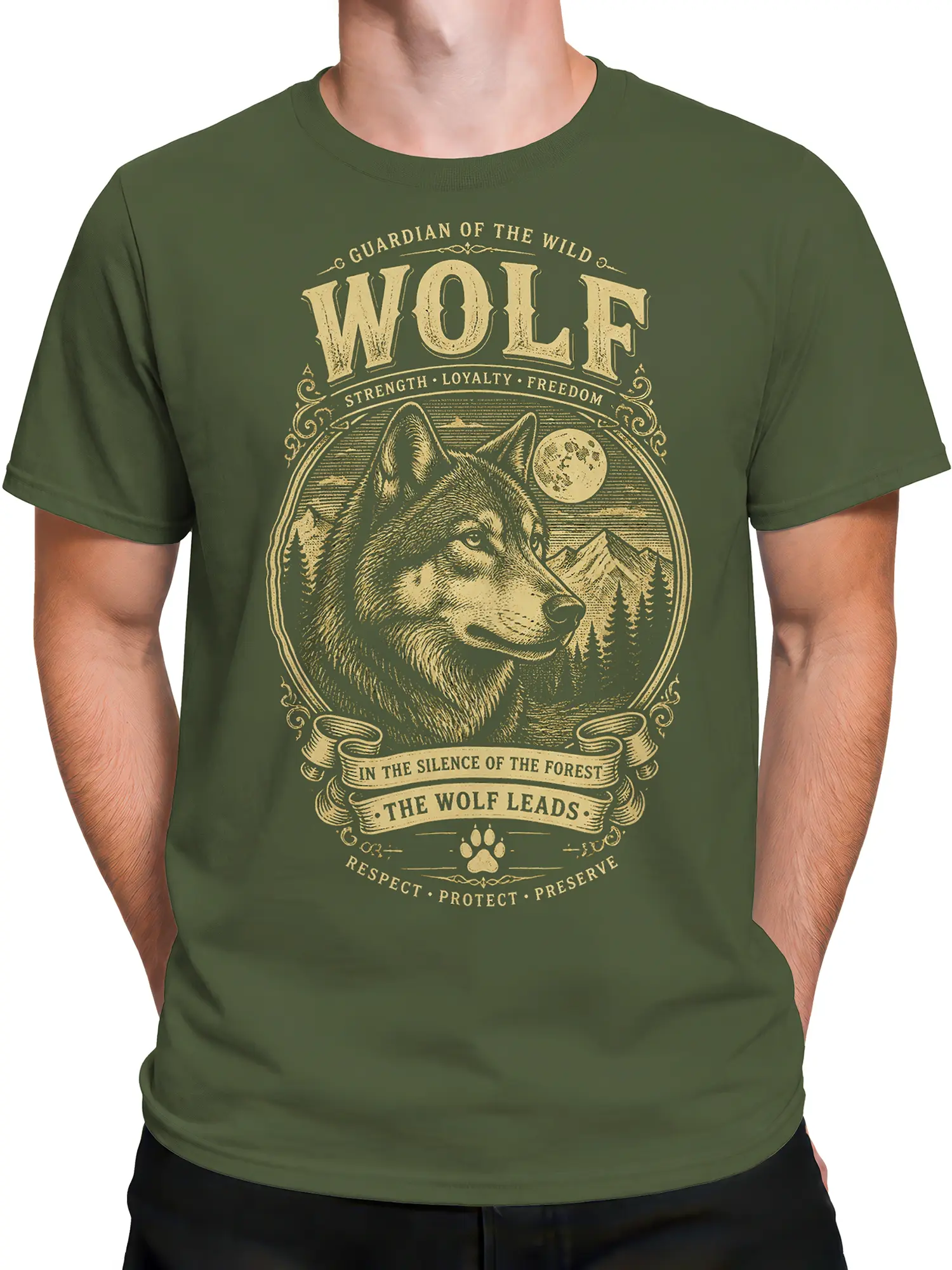 Male torso wearing a green wolf graphic tee with cream moonlit forest and mountain artwork