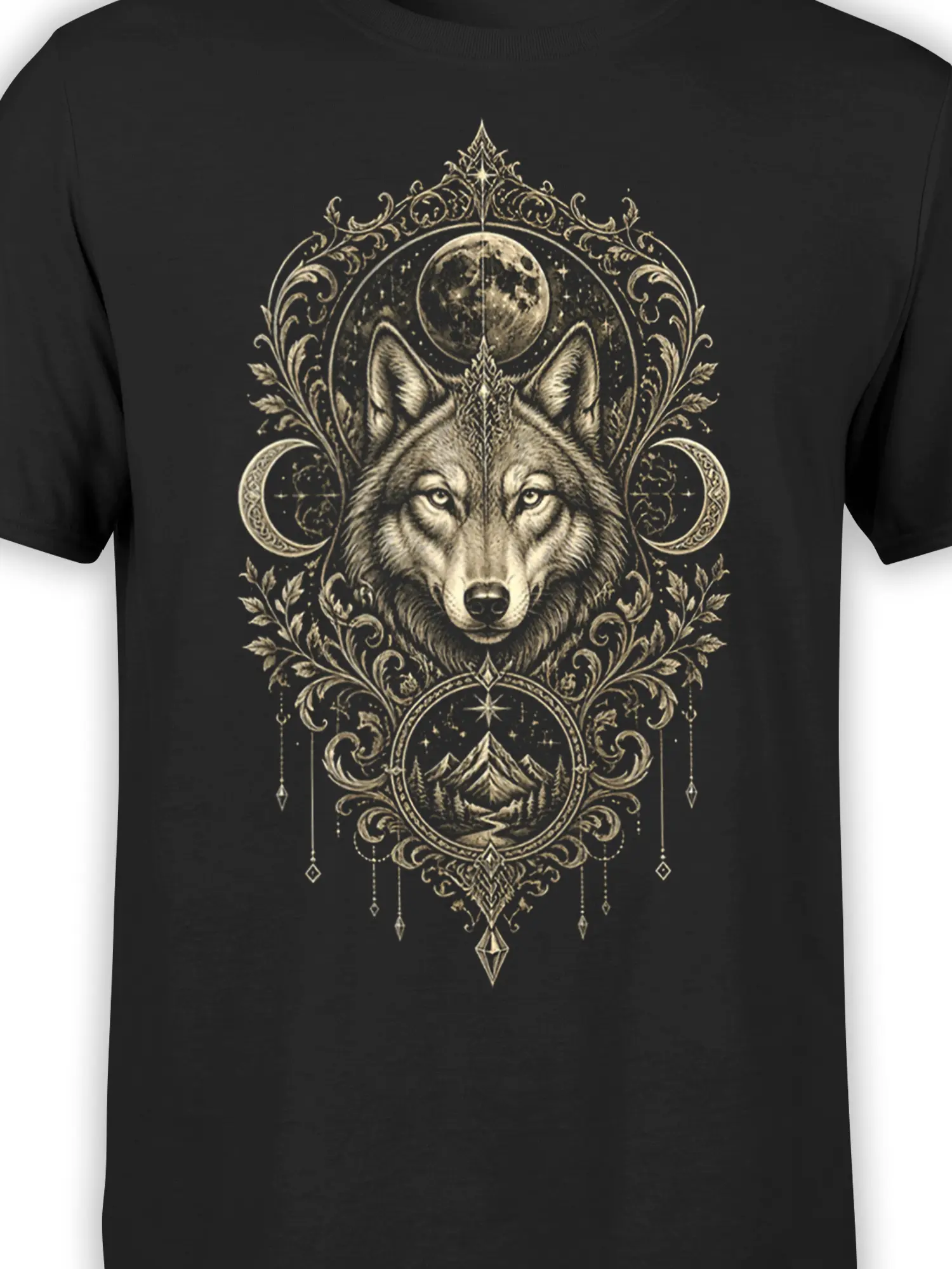 Close-up of the wolf, moon, stars, and ornate mountain artwork on a black shirt