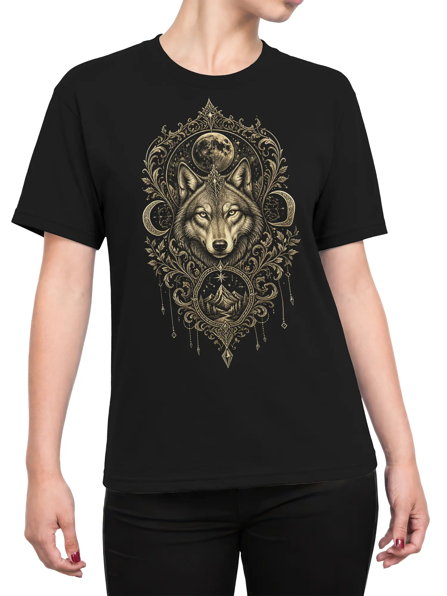 Female torso wearing a black shirt with an ornate wolf, moon, and mountain design