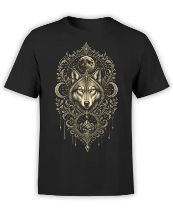 Ornate wolf beneath a moon and stars on a black wolf graphic tee