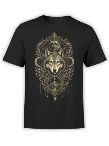 Ornate wolf beneath a moon and stars on a black wolf graphic tee