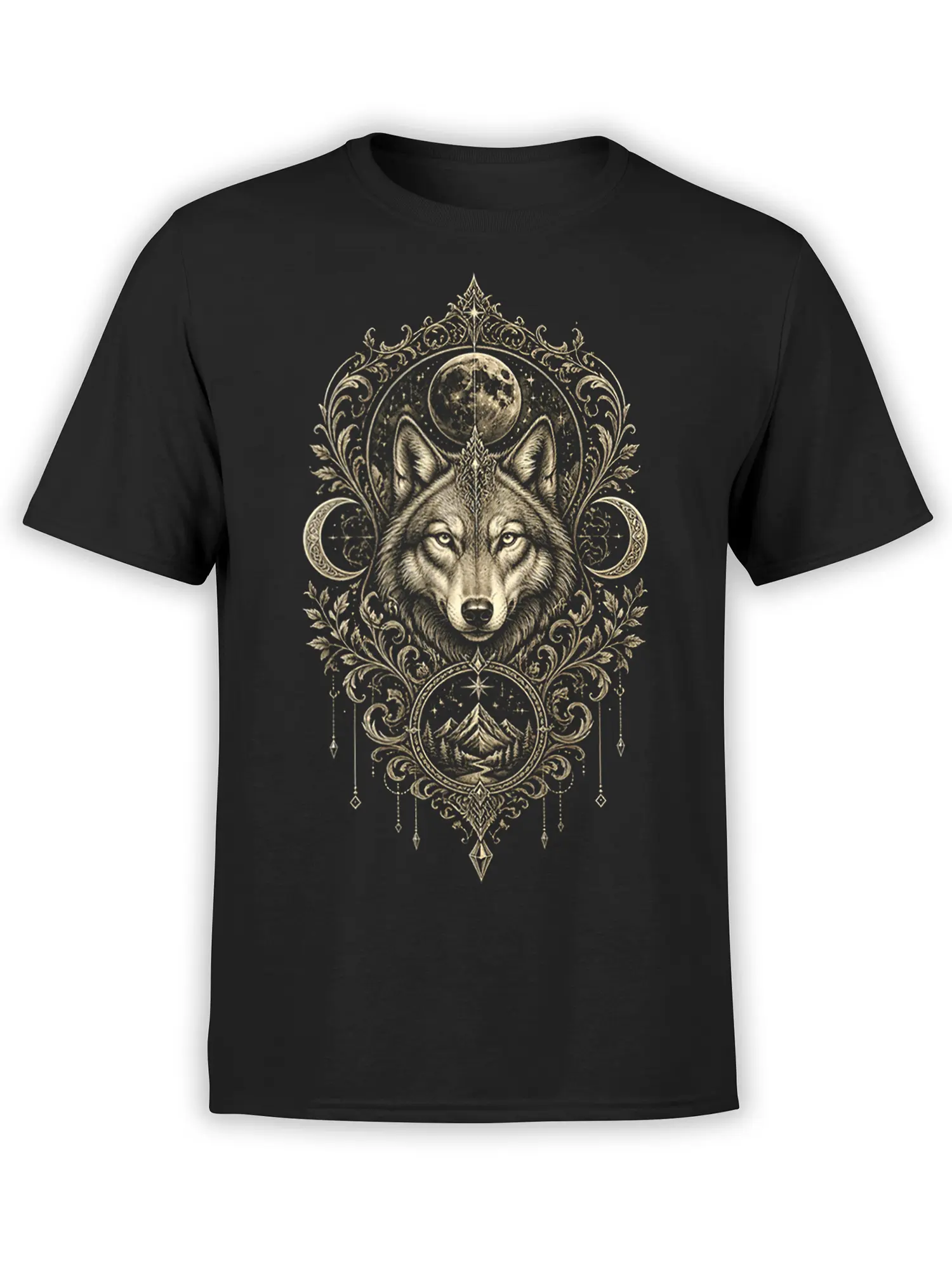 Ornate wolf beneath a moon and stars on a black wolf graphic tee