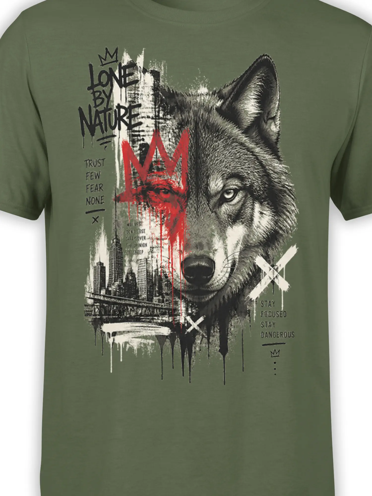 Close-up of crowned wolf graphic with city skyline, red crown, paint splatters, and bold text