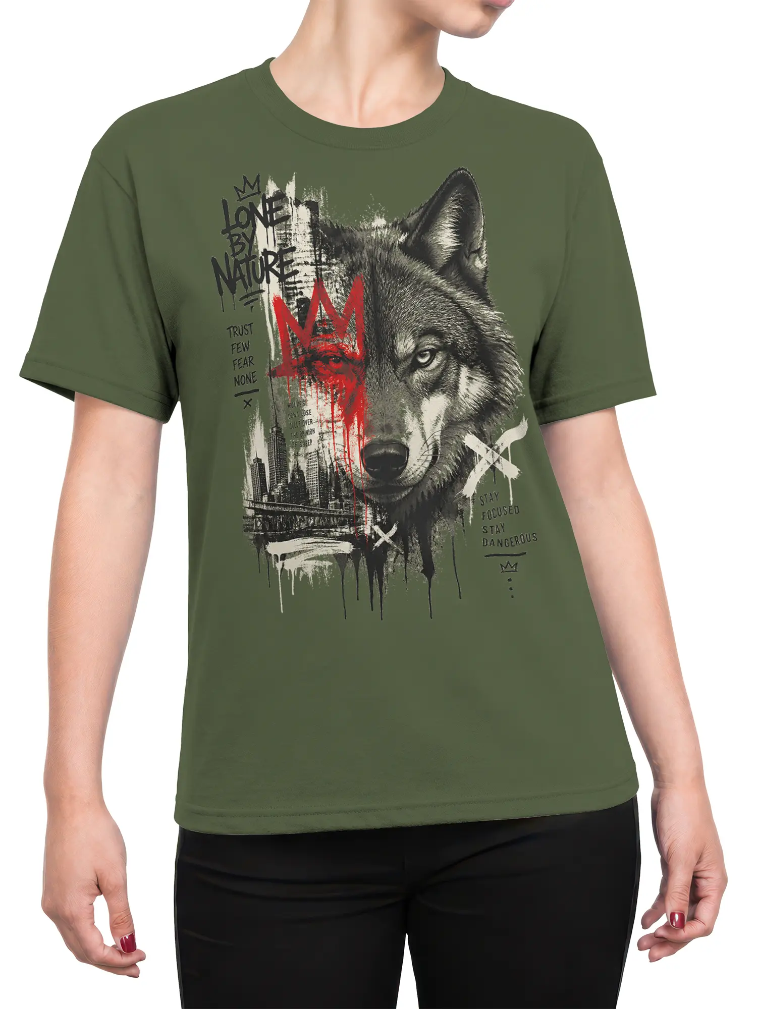 Female torso wearing an olive green crowned wolf T-shirt with urban artwork and bold distressed lettering