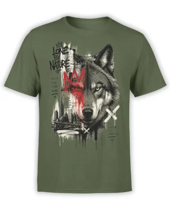 Olive green wolf t-shirt with crowned wolf portrait, city skyline, red accents, and bold distressed text