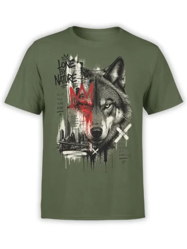 Olive green wolf t-shirt with crowned wolf portrait, city skyline, red accents, and bold distressed text