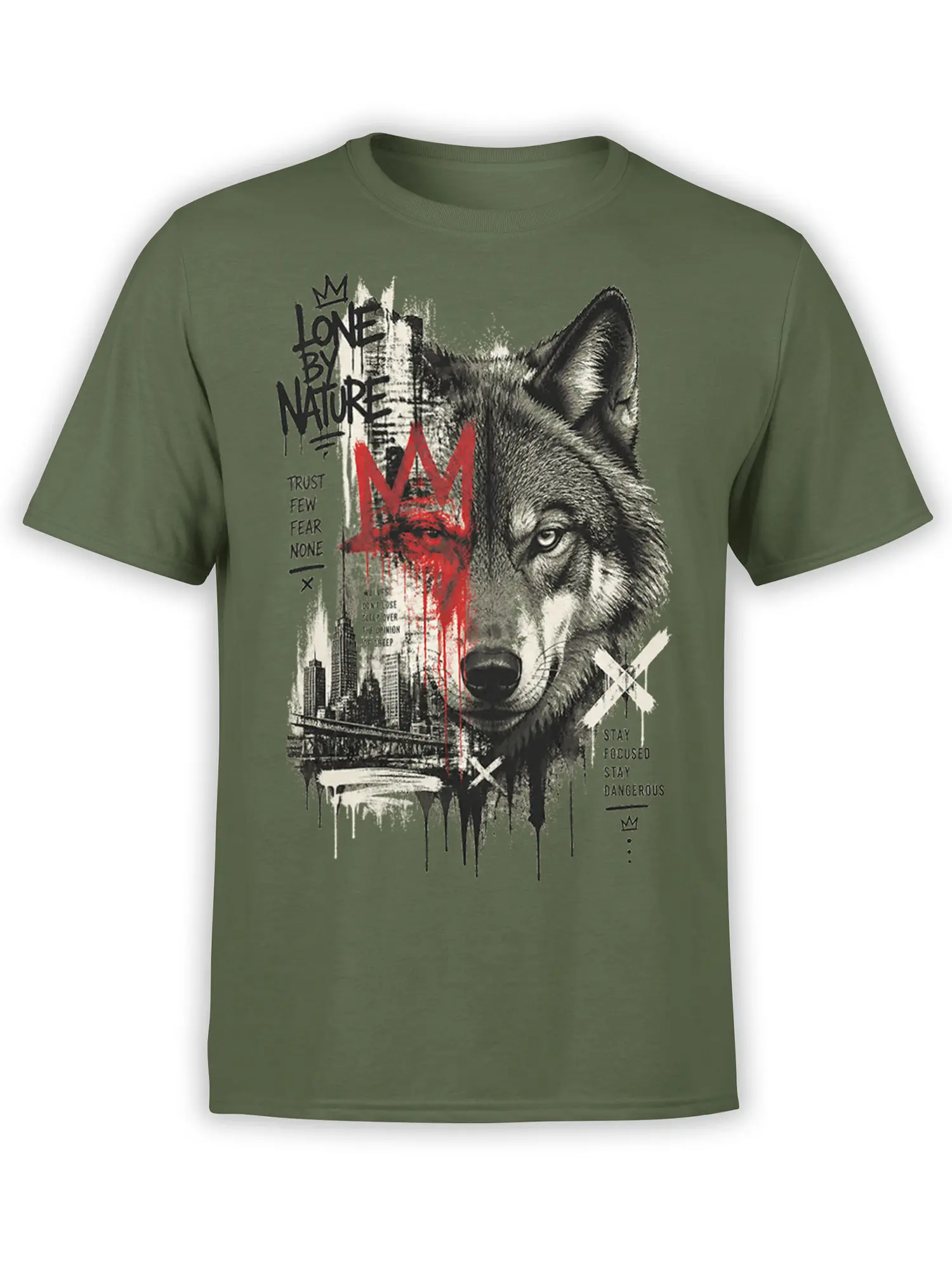 Olive green wolf t-shirt with crowned wolf portrait, city skyline, red accents, and bold distressed text