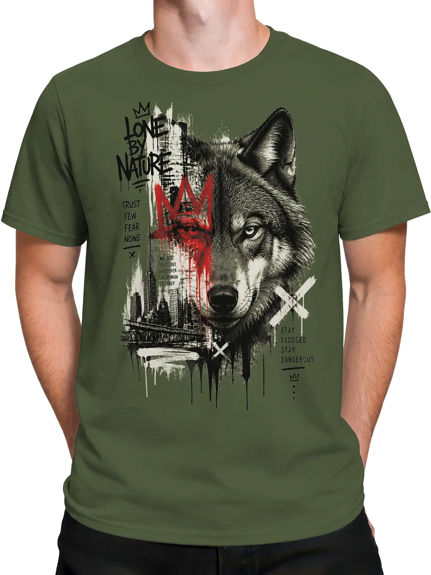 Male torso wearing an olive green crowned wolf T-shirt with city collage and distressed graphic details