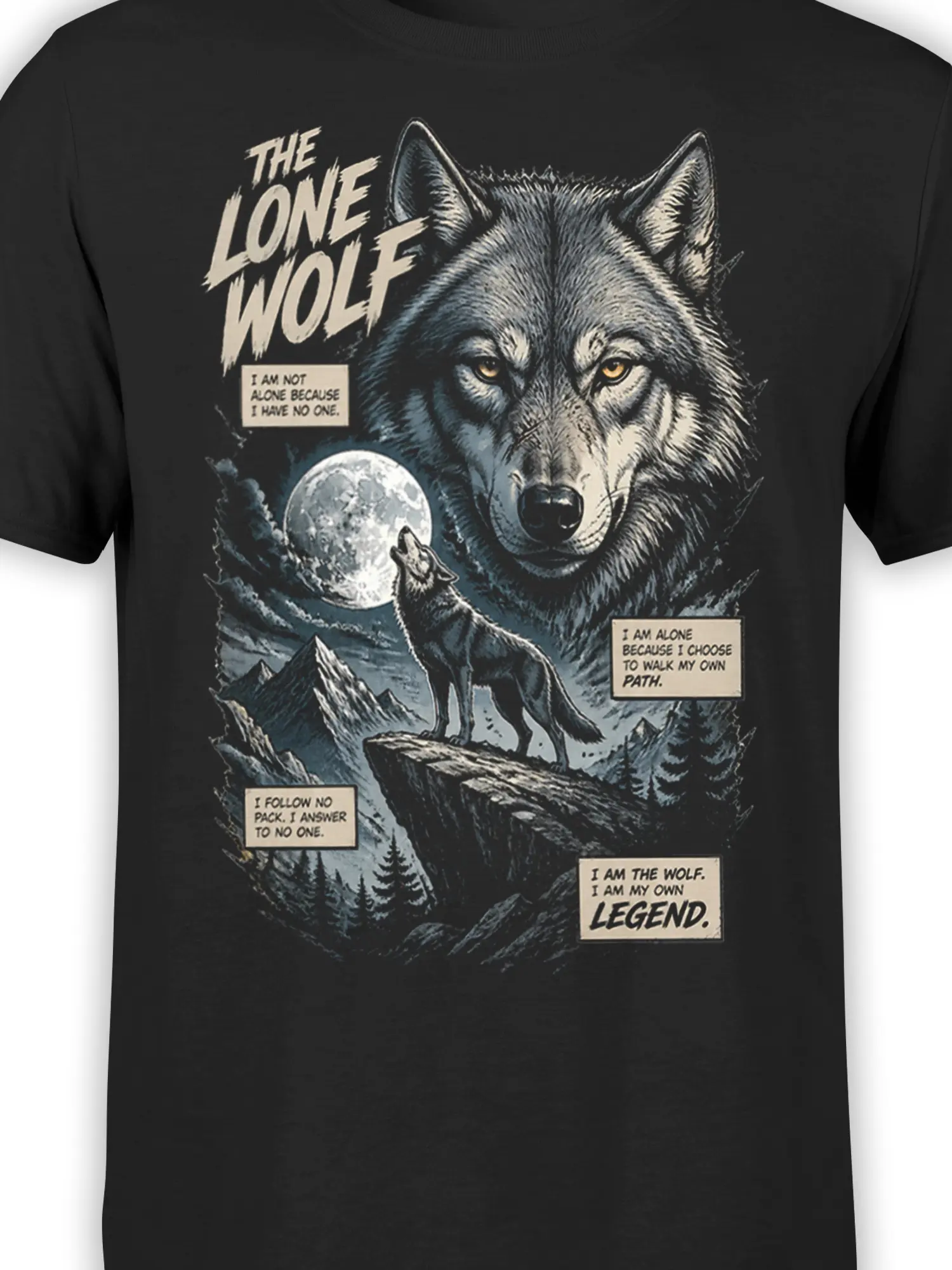 Close-up of black wolf graphic tee showing the wolf, full moon, mountains, and vintage text