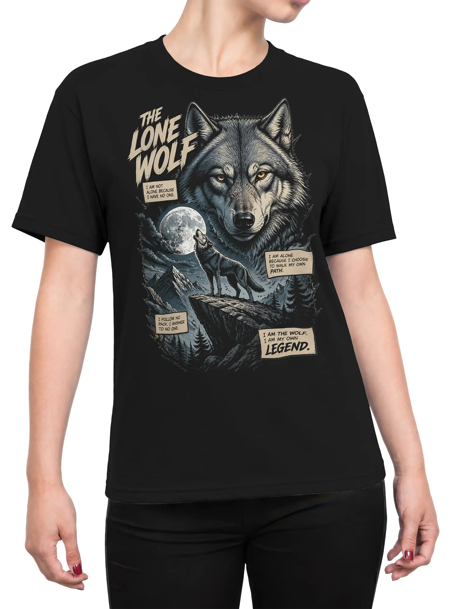 Female torso wearing a black wolf t-shirt with moonlit mountain artwork and lone-wolf lettering