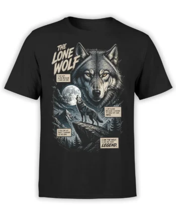 Black wolf t-shirt with moonlit mountains, lone wolf artwork, and an independent path message