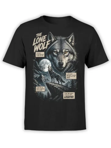 Black wolf t-shirt with moonlit mountains, lone wolf artwork, and an independent path message