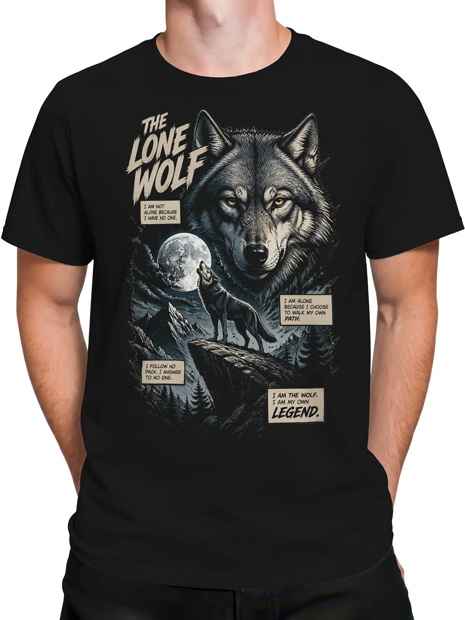 Male torso wearing a black wolf t-shirt with detailed moonlit mountain artwork