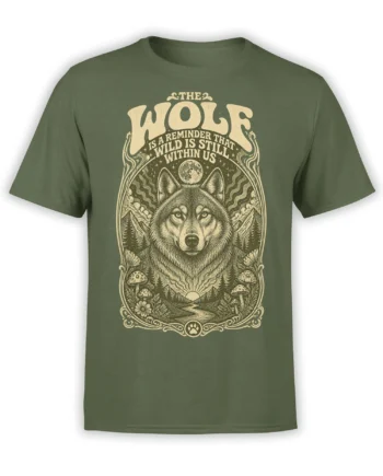 Olive wolf T-shirt with vintage wilderness artwork, moonlit mountains, forest, mushrooms, and wild nature lettering