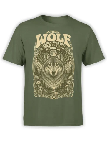 Olive wolf T-shirt with vintage wilderness artwork, moonlit mountains, forest, mushrooms, and wild nature lettering