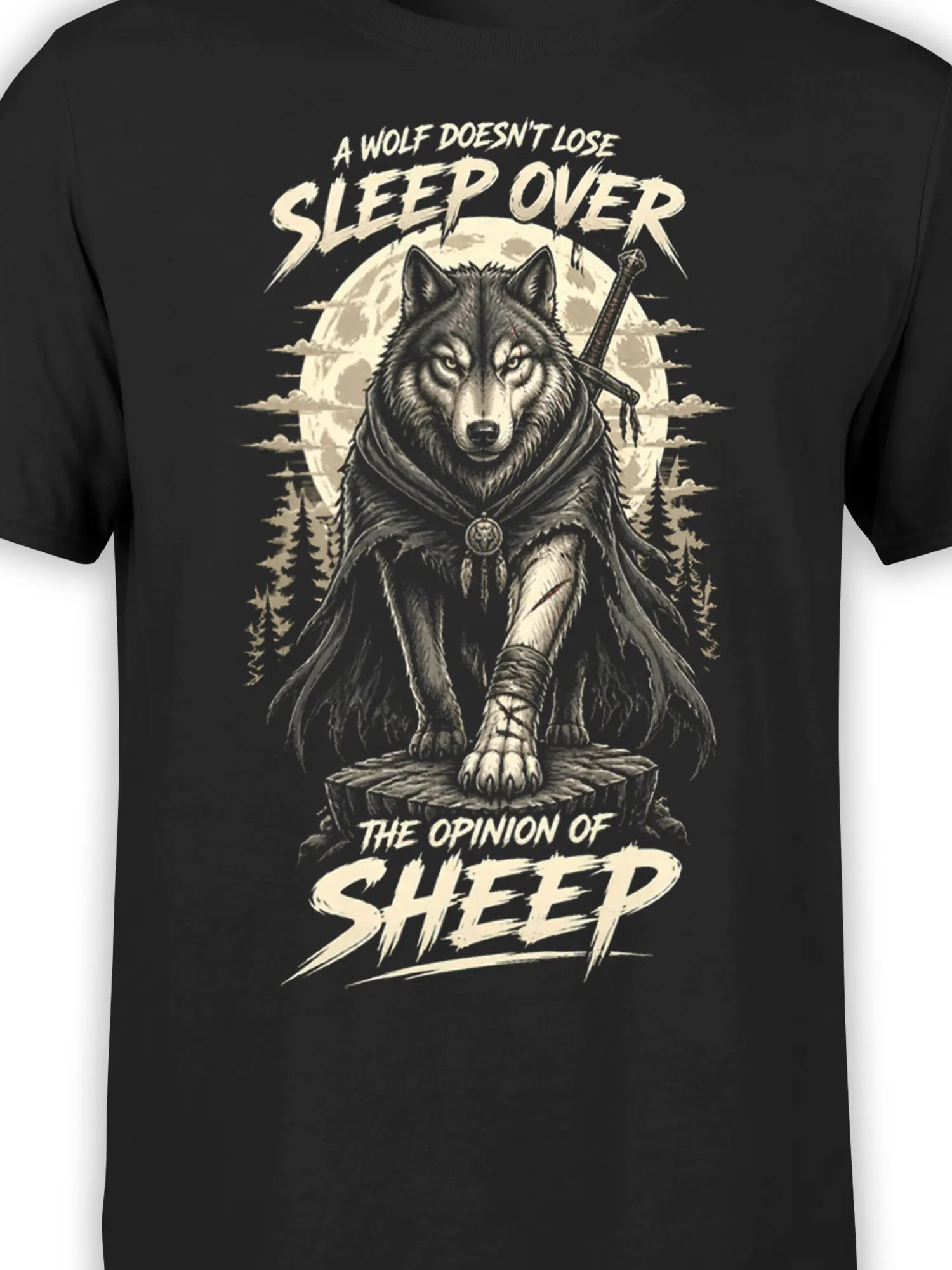 Close-up of cloaked wolf warrior, sword, moon, and cream quote design on black T-shirt