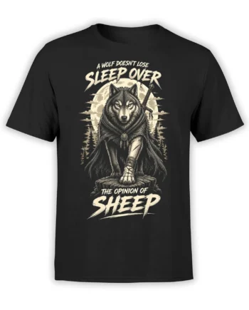 Black wolf warrior T-shirt with sword, full moon, pine trees, and bold cream quote lettering