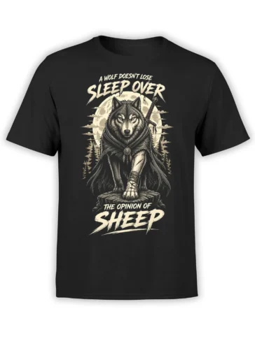 Black wolf warrior T-shirt with sword, full moon, pine trees, and bold cream quote lettering