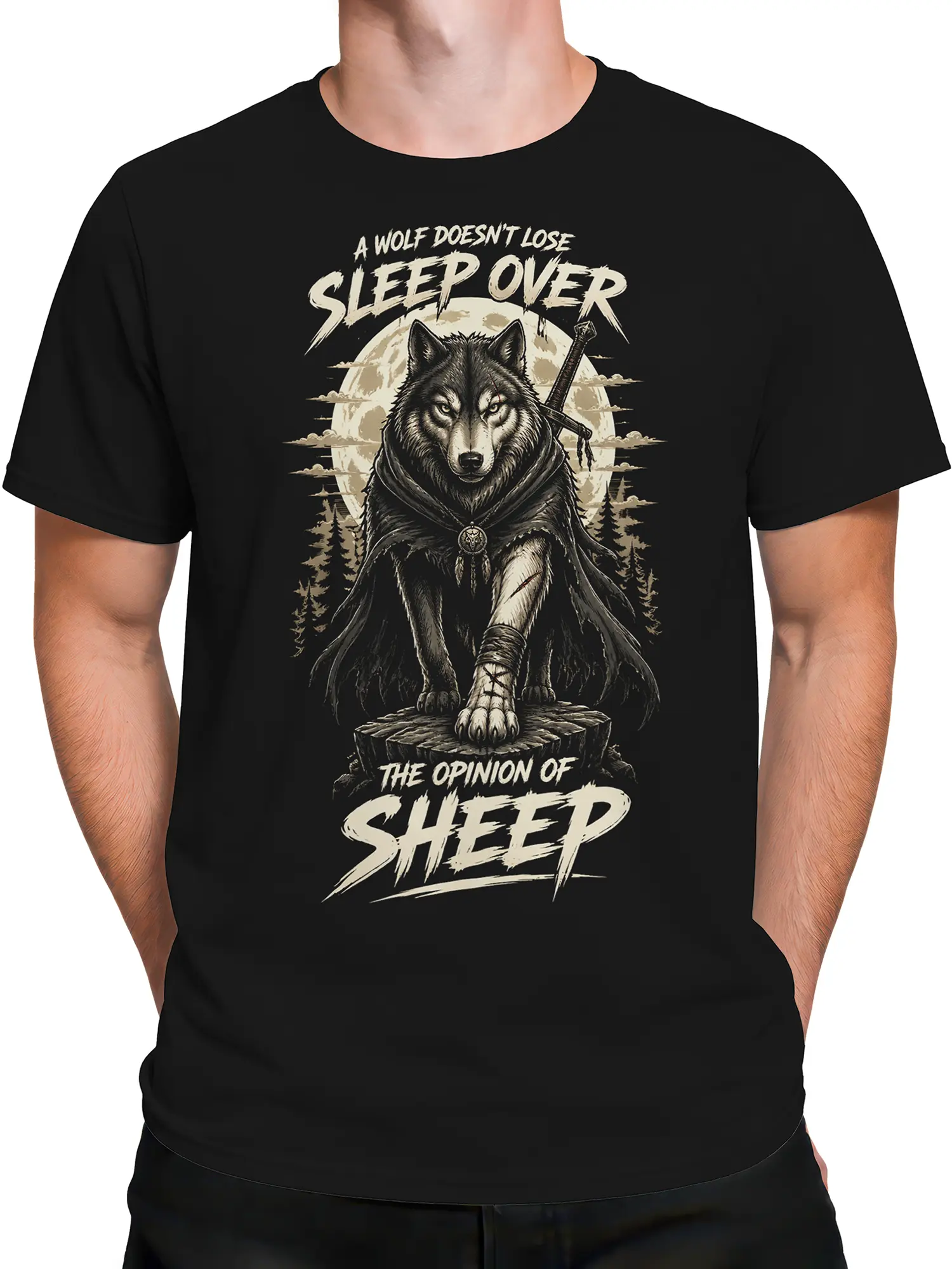 Male torso wearing a black wolf warrior T-shirt with sword, moon, and distressed cream print