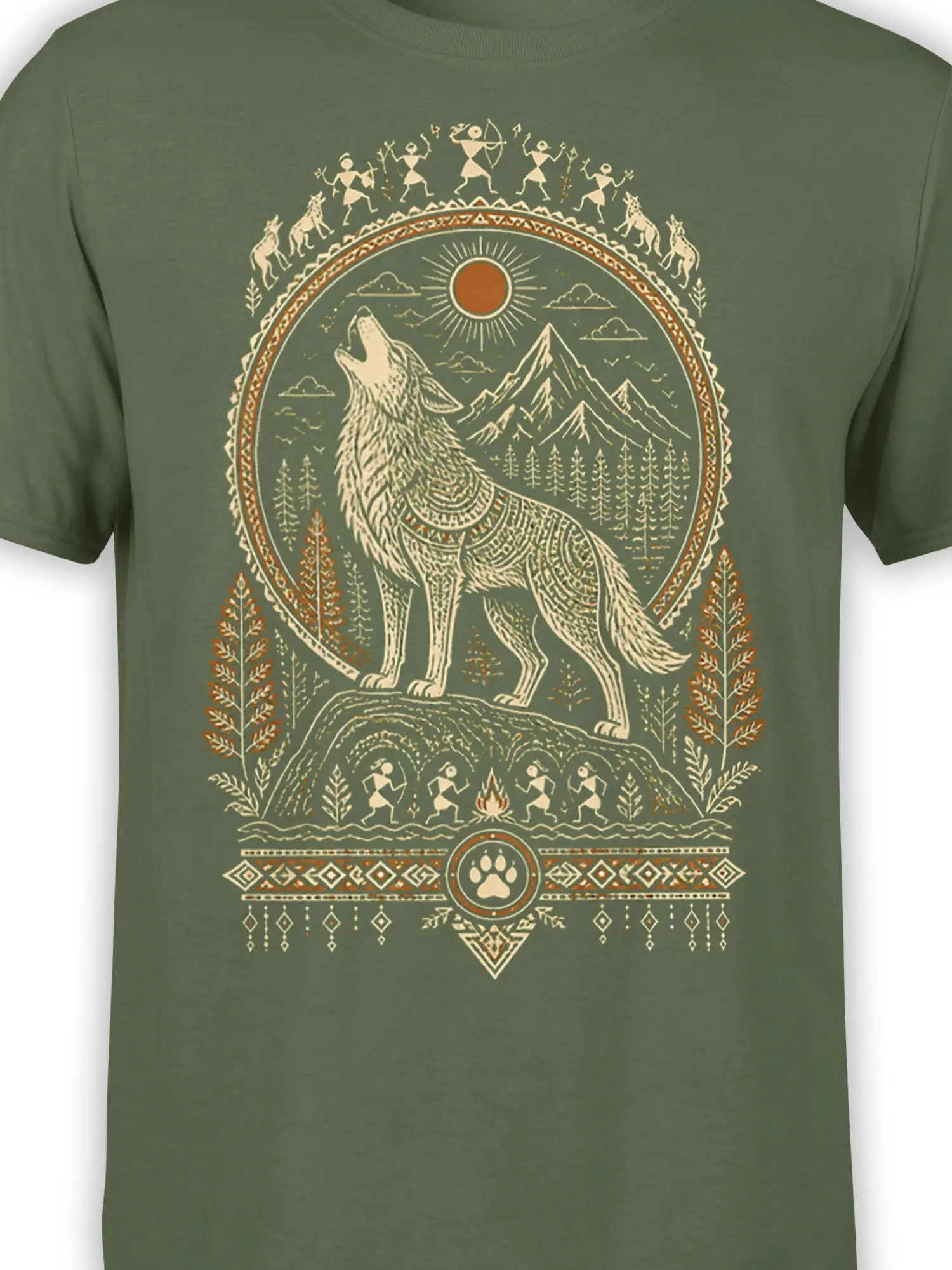 Close-up of howling wolf graphic with mountains, sun, pine trees, and geometric details on green fabric