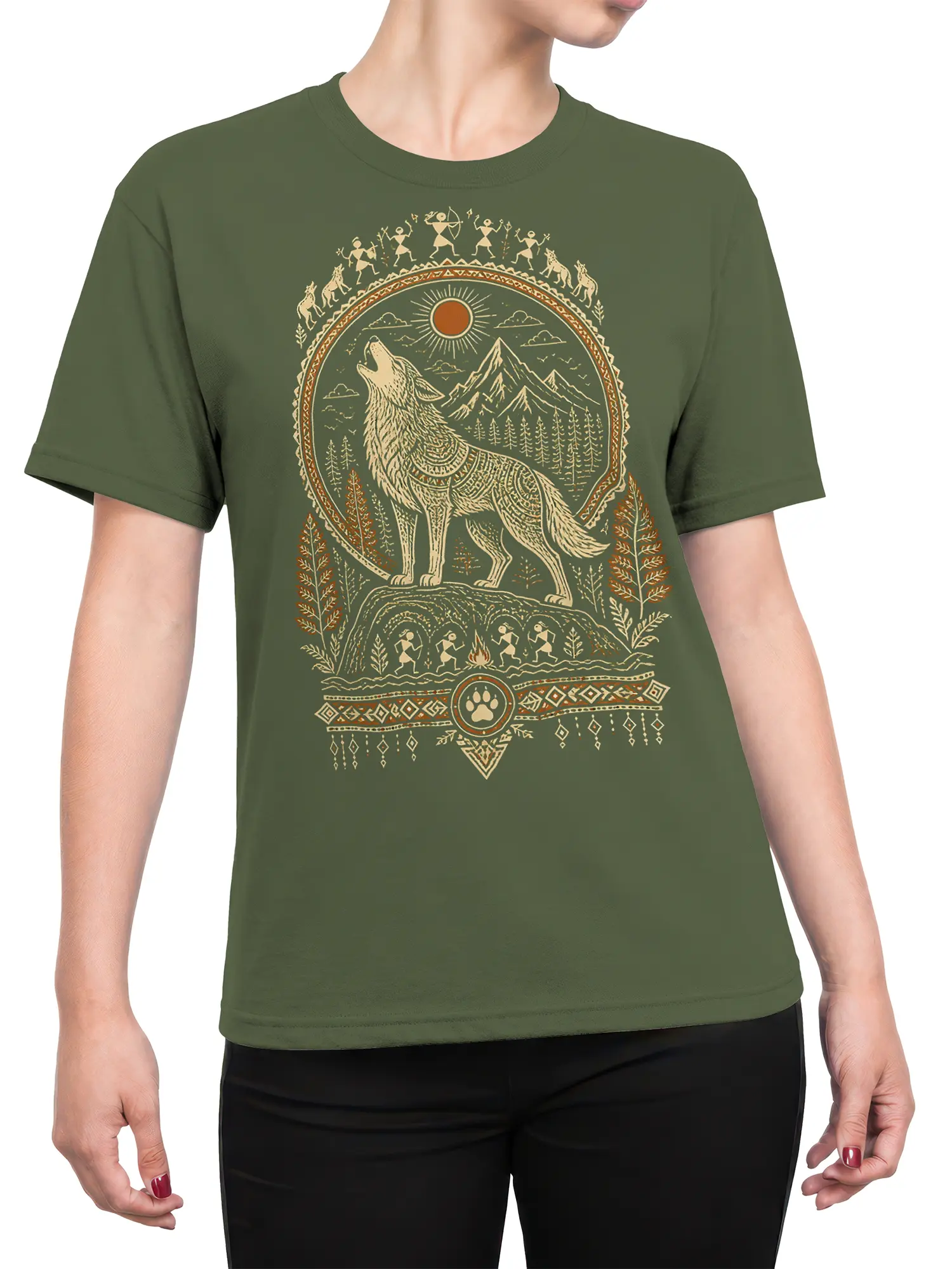 Female torso wearing a green T-shirt with a howling wolf mountain and pine tree graphic