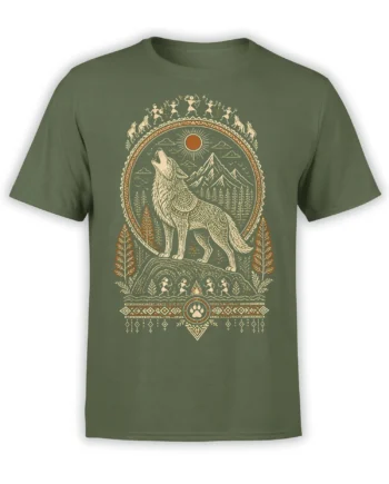 Green wolf t-shirt with a howling wolf, mountain peaks, sun, pine trees, and geometric folk art