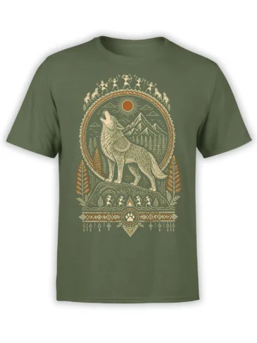 Green wolf t-shirt with a howling wolf, mountain peaks, sun, pine trees, and geometric folk art