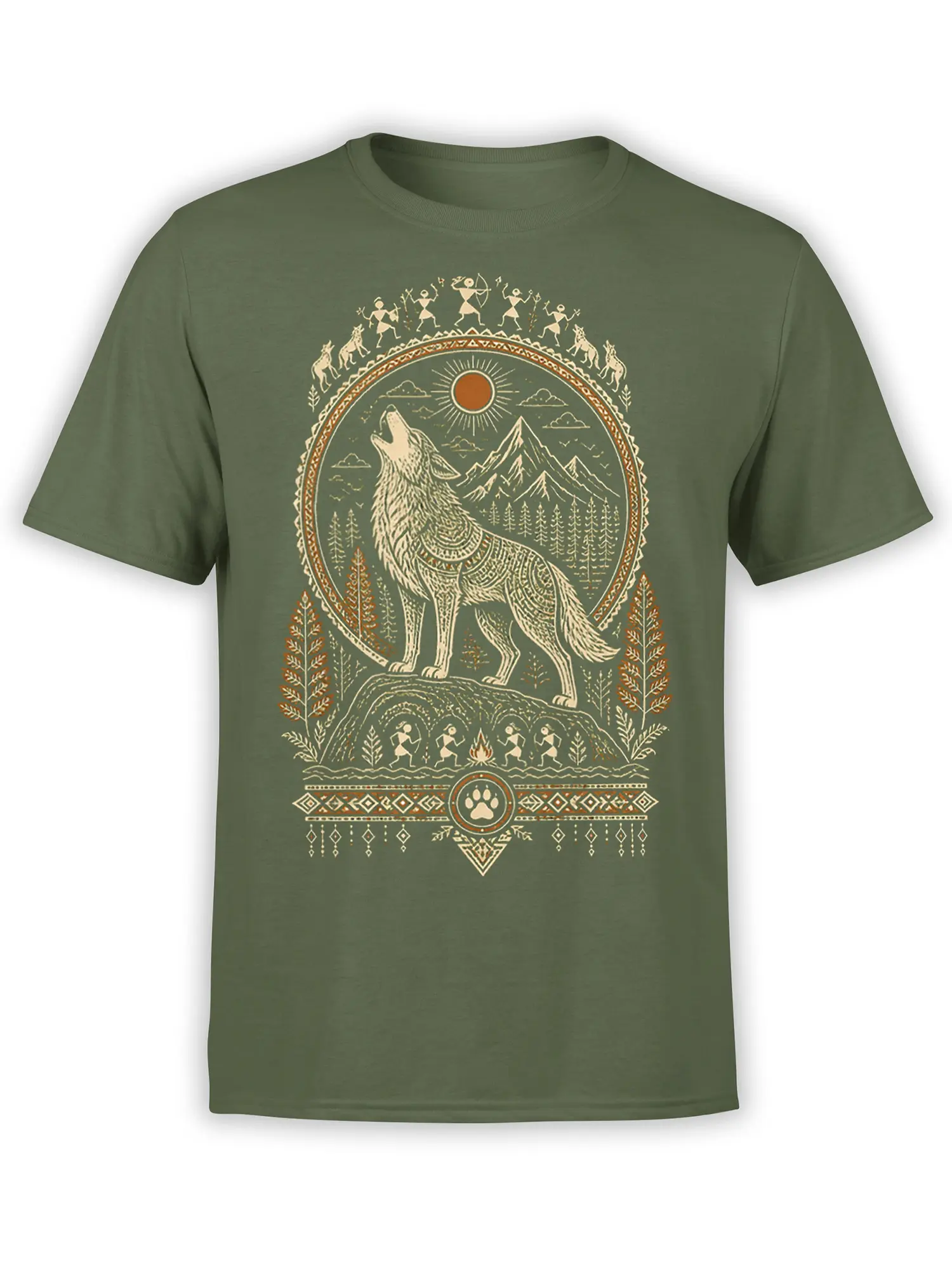 Green wolf t-shirt with a howling wolf, mountain peaks, sun, pine trees, and geometric folk art