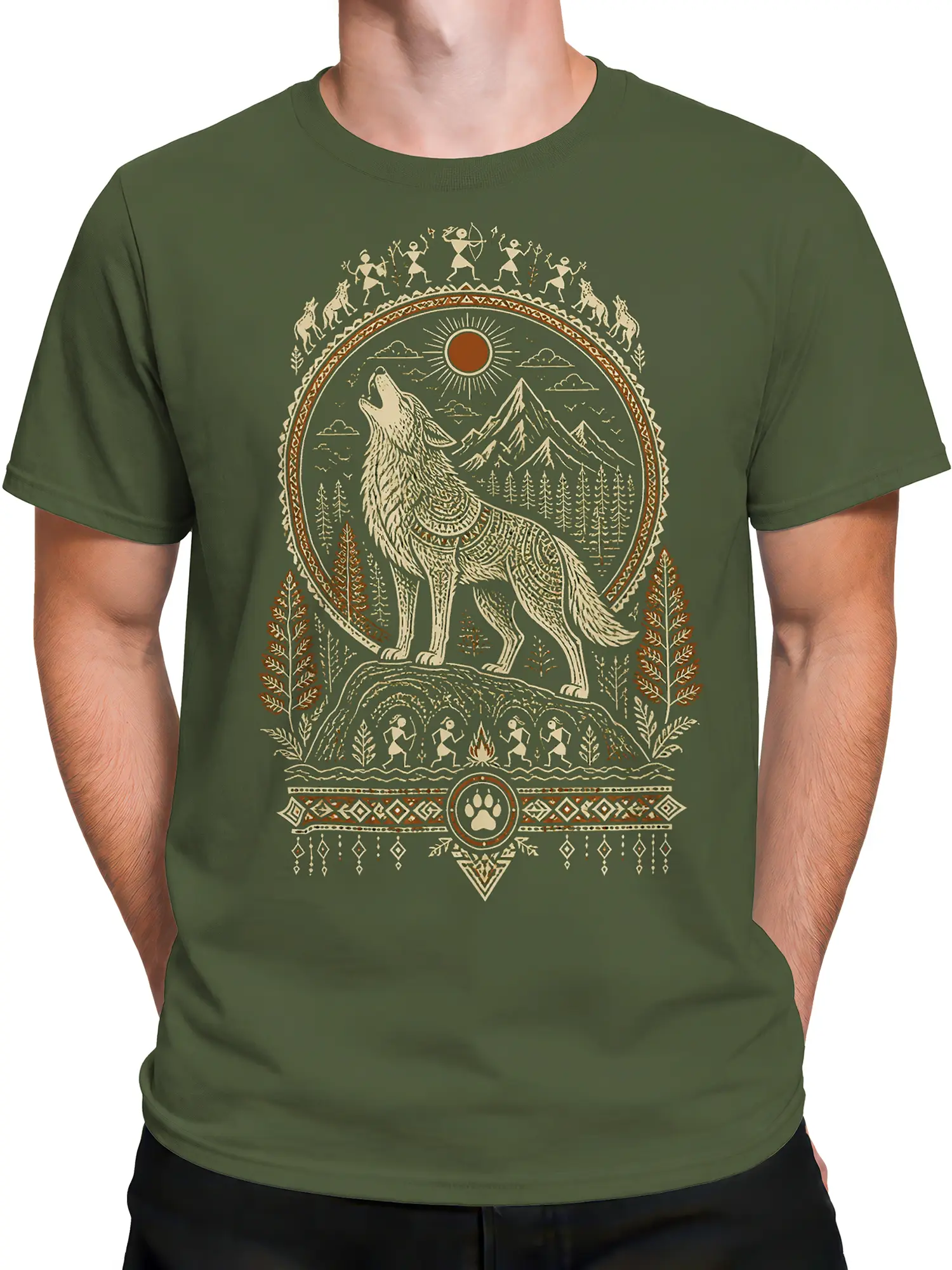 Male torso wearing a green T-shirt with a detailed howling wolf wilderness graphic