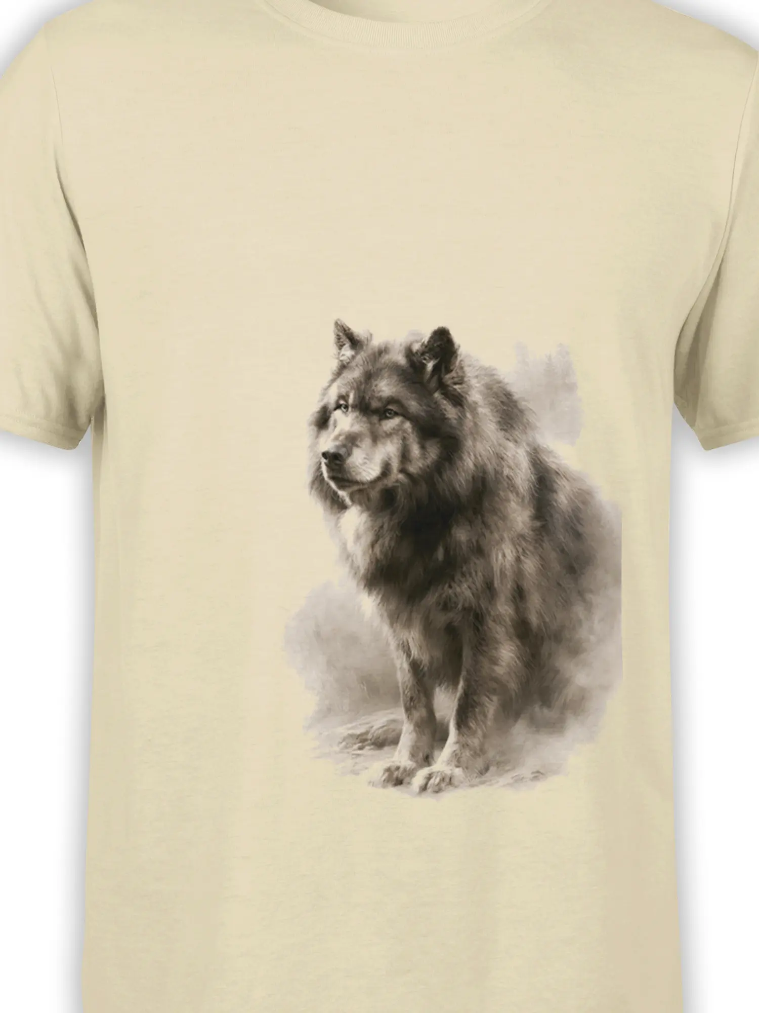 Close-up of the realistic gray wolf artwork printed on a beige T-shirt