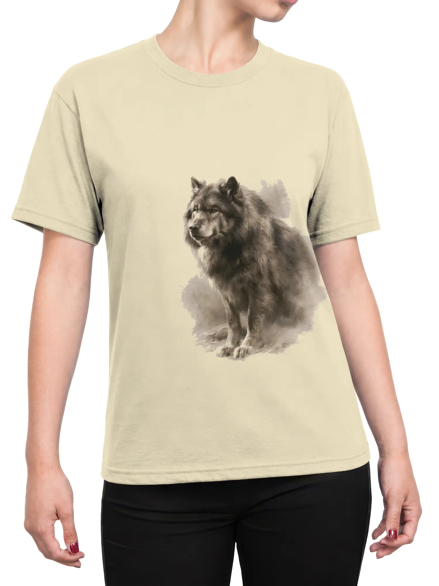 Female torso wearing a beige T-shirt with a realistic seated gray wolf design