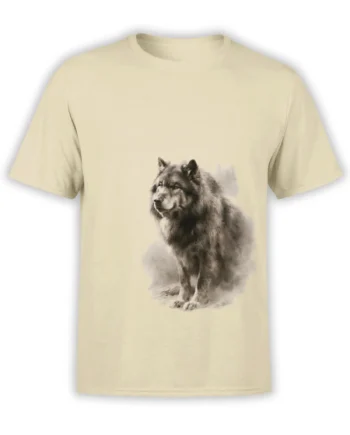 Realistic seated gray wolf graphic on a beige T-shirt with a calm, watchful expression
