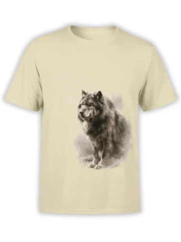 Realistic seated gray wolf graphic on a beige T-shirt with a calm, watchful expression