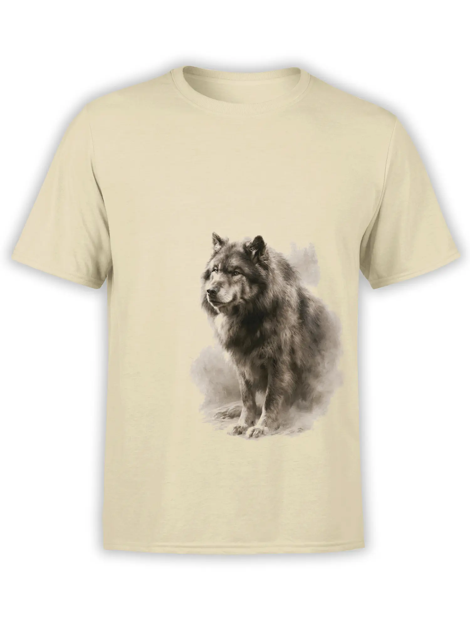Realistic seated gray wolf graphic on a beige T-shirt with a calm, watchful expression