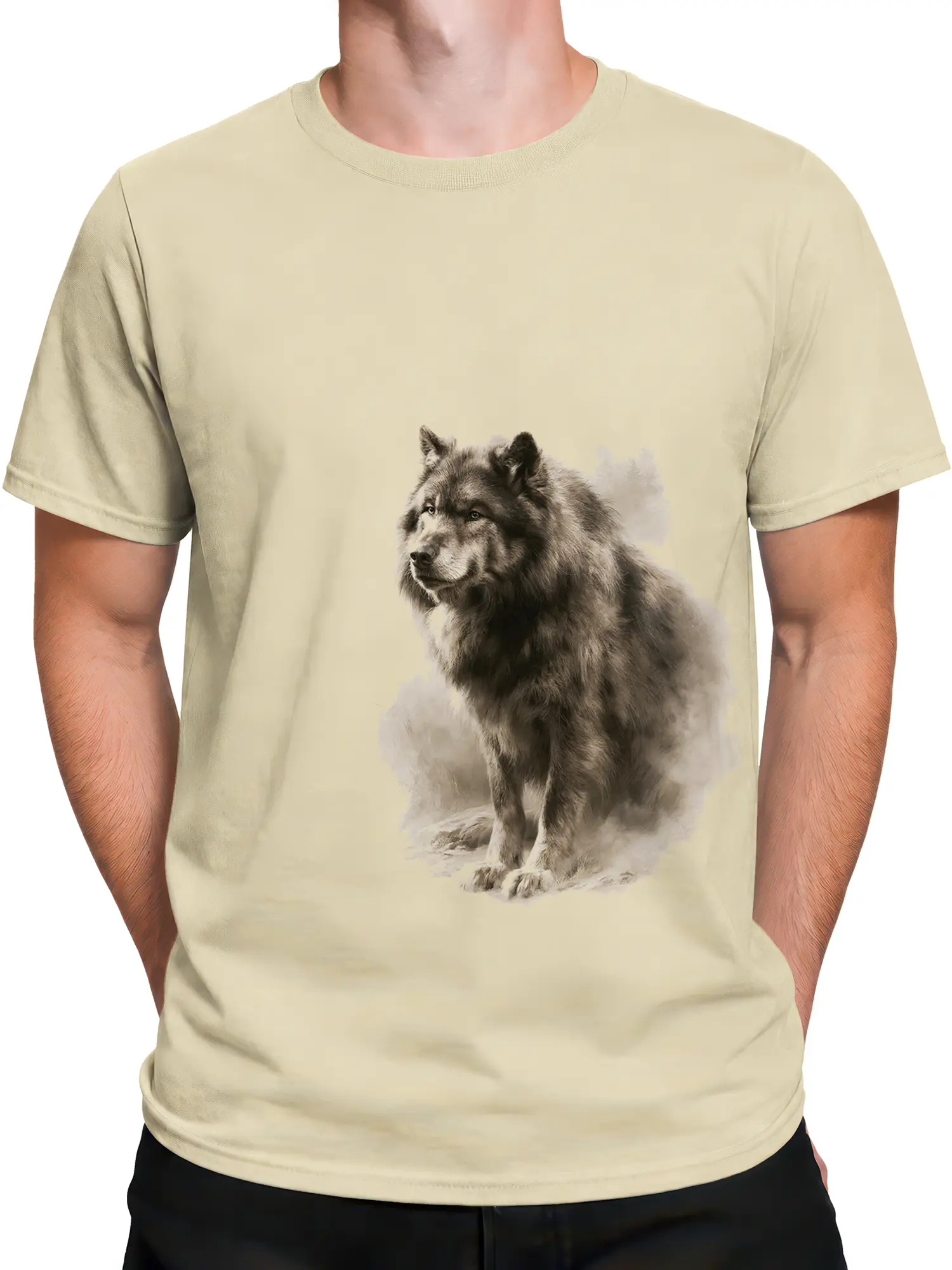 Male torso wearing a beige T-shirt with a realistic seated gray wolf design