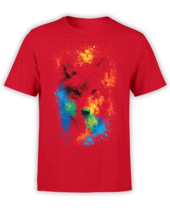 Colorful paint-splatter dog portrait printed on a red dog T-shirt