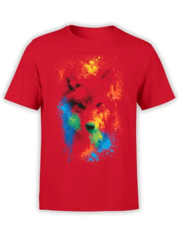 Colorful paint-splatter dog portrait printed on a red dog T-shirt