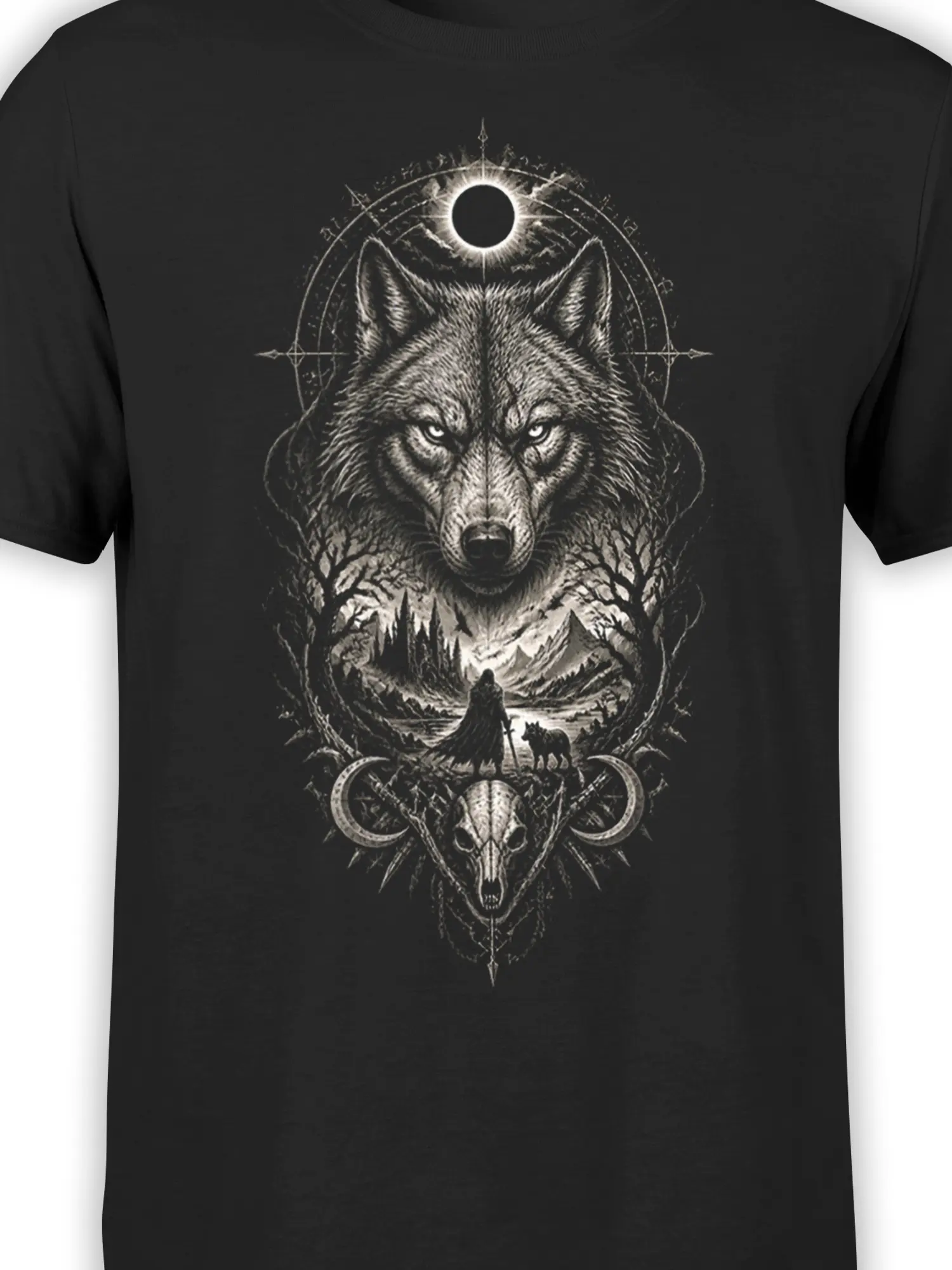 Close-up of the monochrome wolf and glowing moon design on a black fantasy t-shirt
