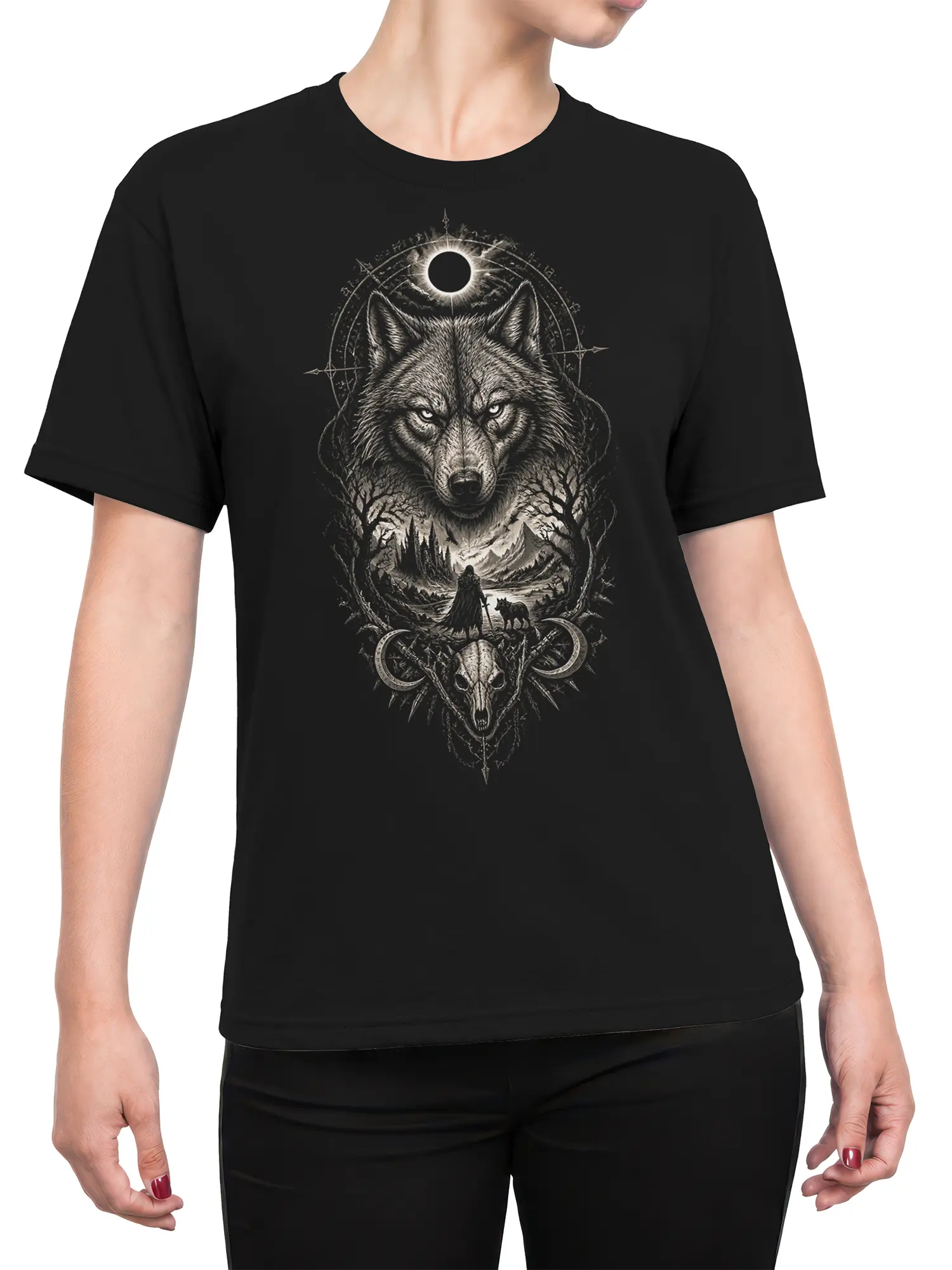 Female torso wearing a black wolf t-shirt with detailed moonlit fantasy artwork