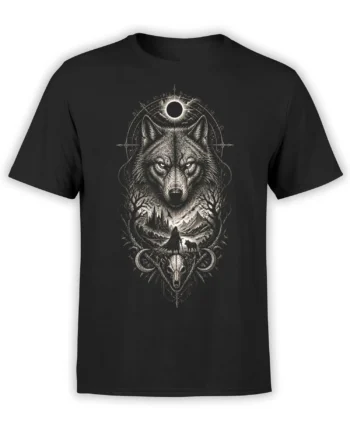 Black wolf t-shirt with moonlit forest artwork, a cloaked figure, animal skull, and curved blades