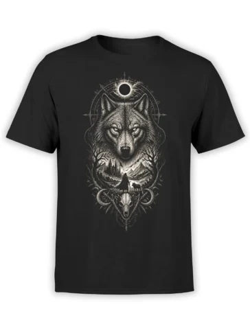 Black wolf t-shirt with moonlit forest artwork, a cloaked figure, animal skull, and curved blades