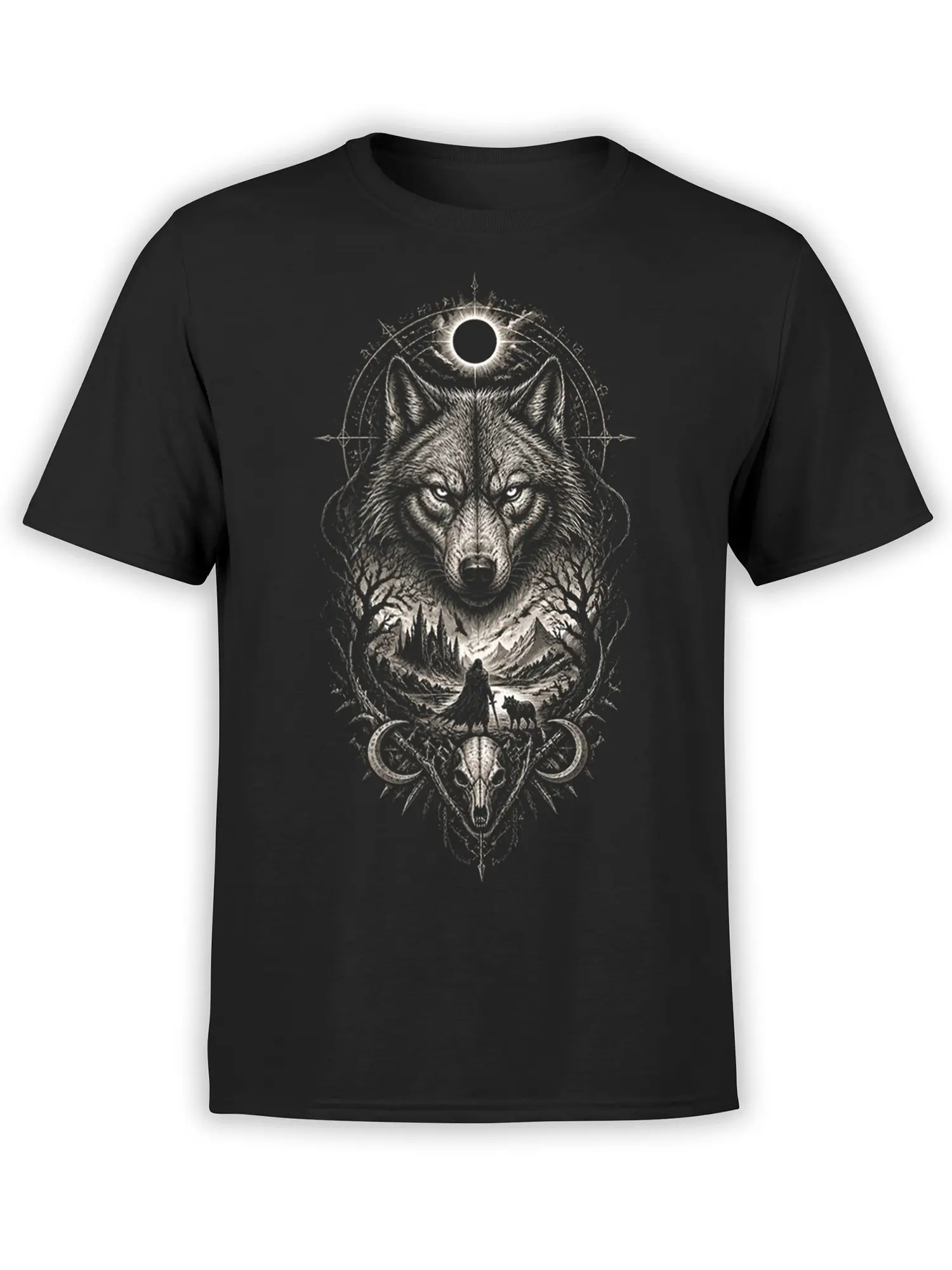 Black wolf t-shirt with moonlit forest artwork, a cloaked figure, animal skull, and curved blades