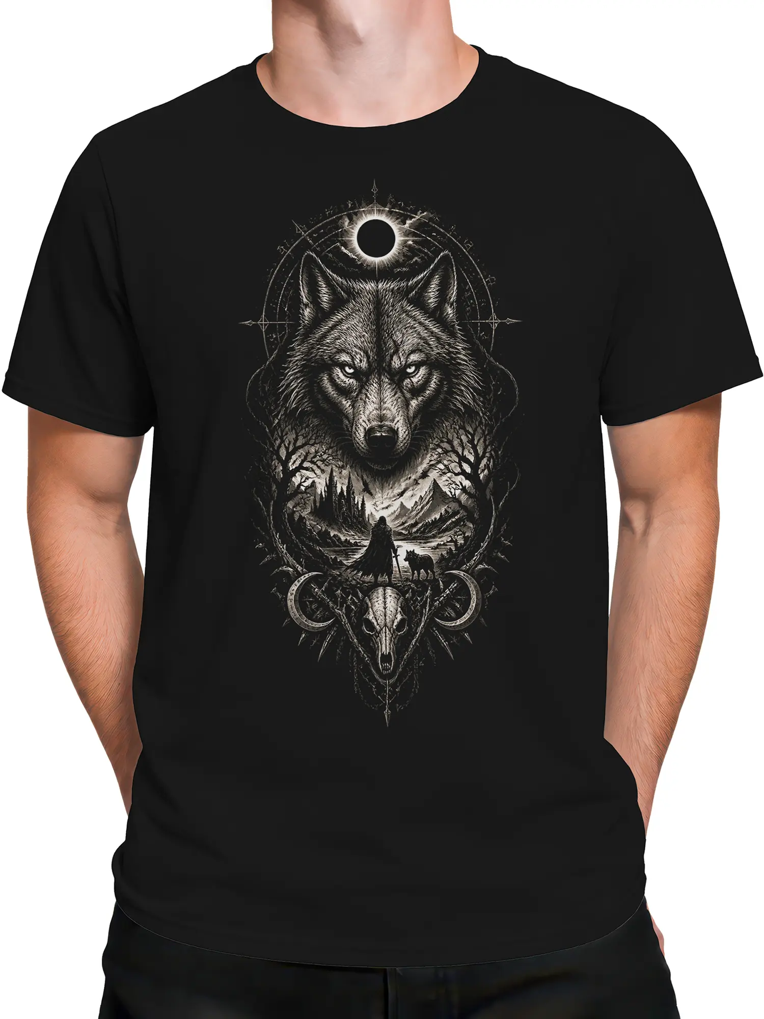 Male torso wearing a black wolf t-shirt with dramatic forest and moon artwork