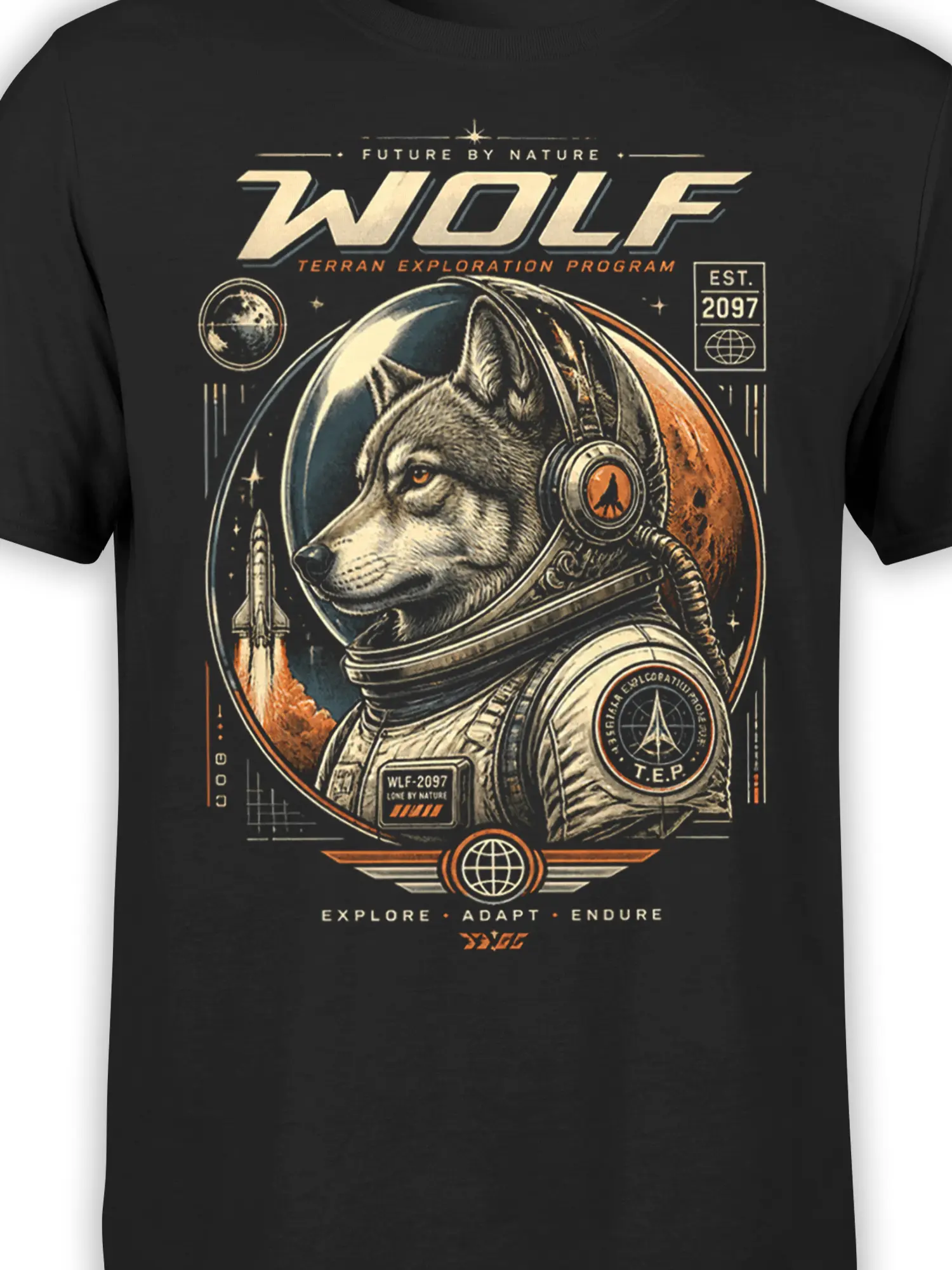 Close-up of wolf astronaut artwork and mission badge on a black space exploration T-shirt