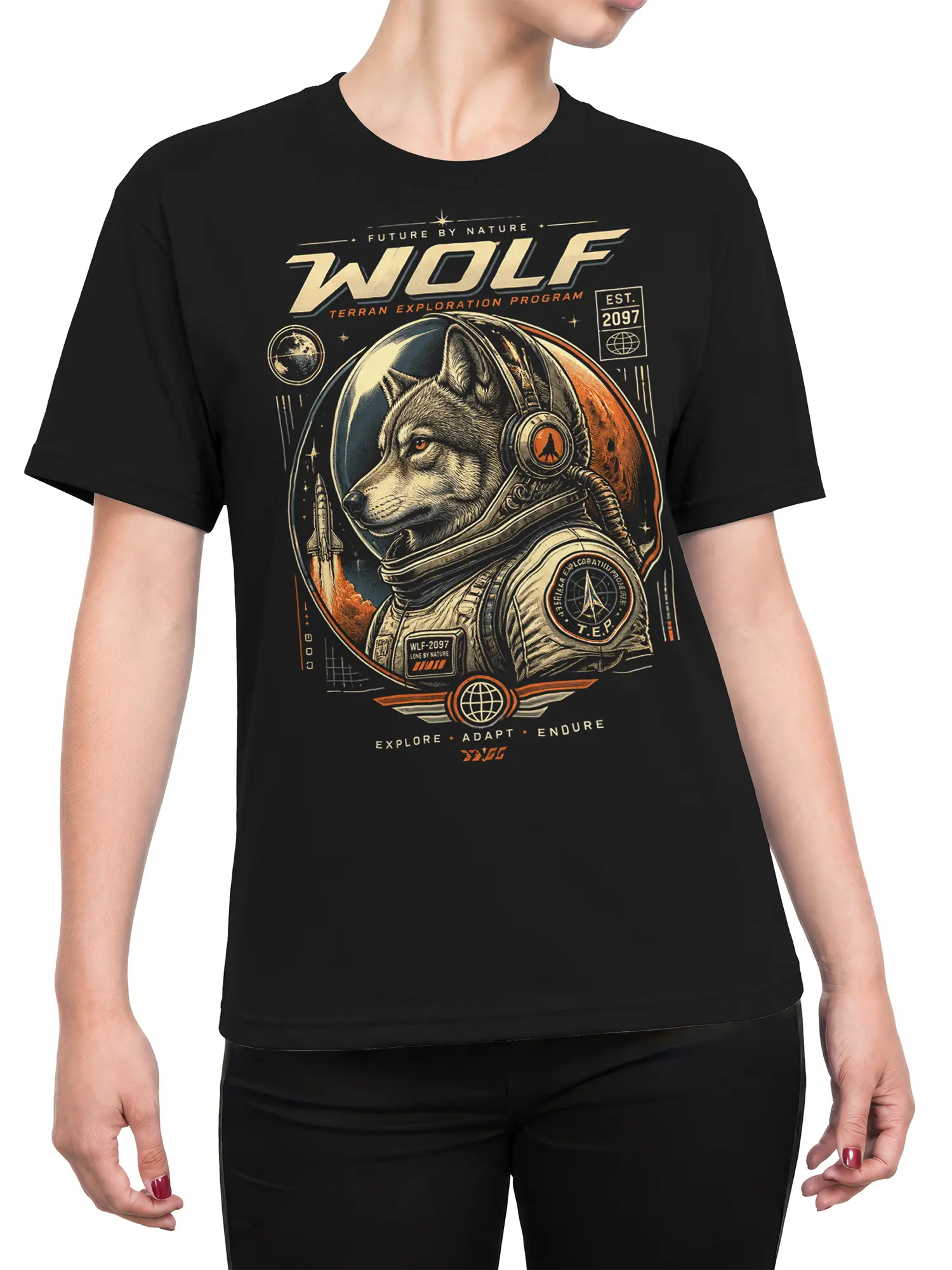 Female torso wearing a black wolf astronaut T-shirt with retro space exploration artwork and rocket details