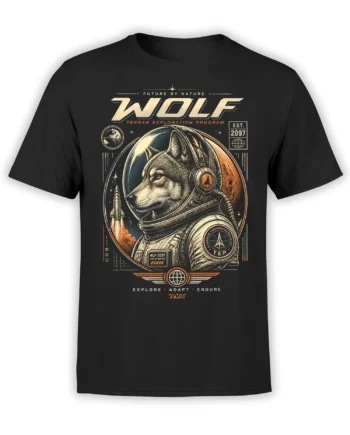Black wolf astronaut T-shirt with retro rocket art, stars, globe symbols, and Future by Nature text
